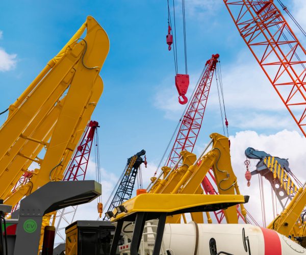 Crawler crane against blue sky. Real estate industry. Red crawler crane use reel lift up equipment in construction site. Crane for rent at parking lot. Crane dealership for construction business.